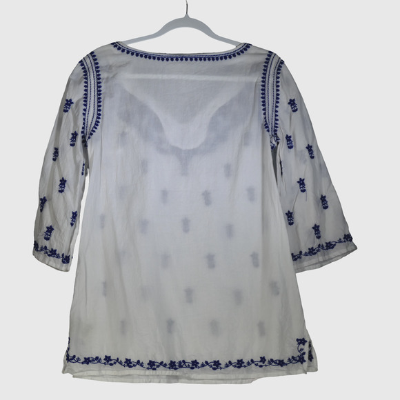 Eci Tunic Blouse Womens Small Cotton White with Blue Embroidery Tassels Boho - Picture 6 of 8